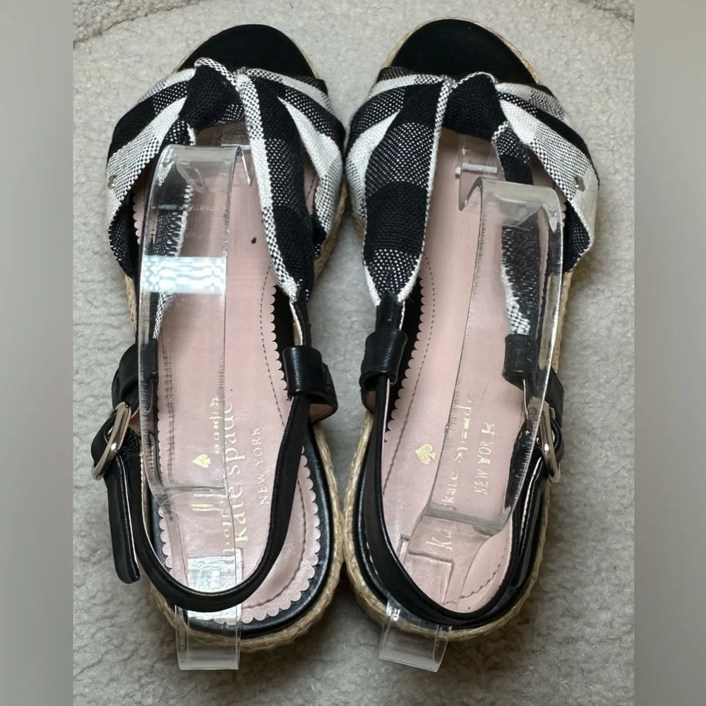 Kate Spade Betsy platform flat sandal black white gingham preppy espadrille cute